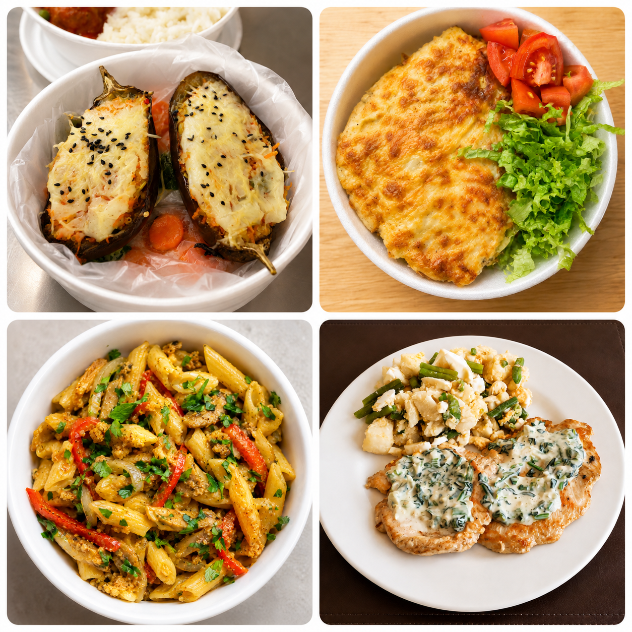 Berenjenas rellenas, milanesa napolitana y pasta con vegetales de Viandísima