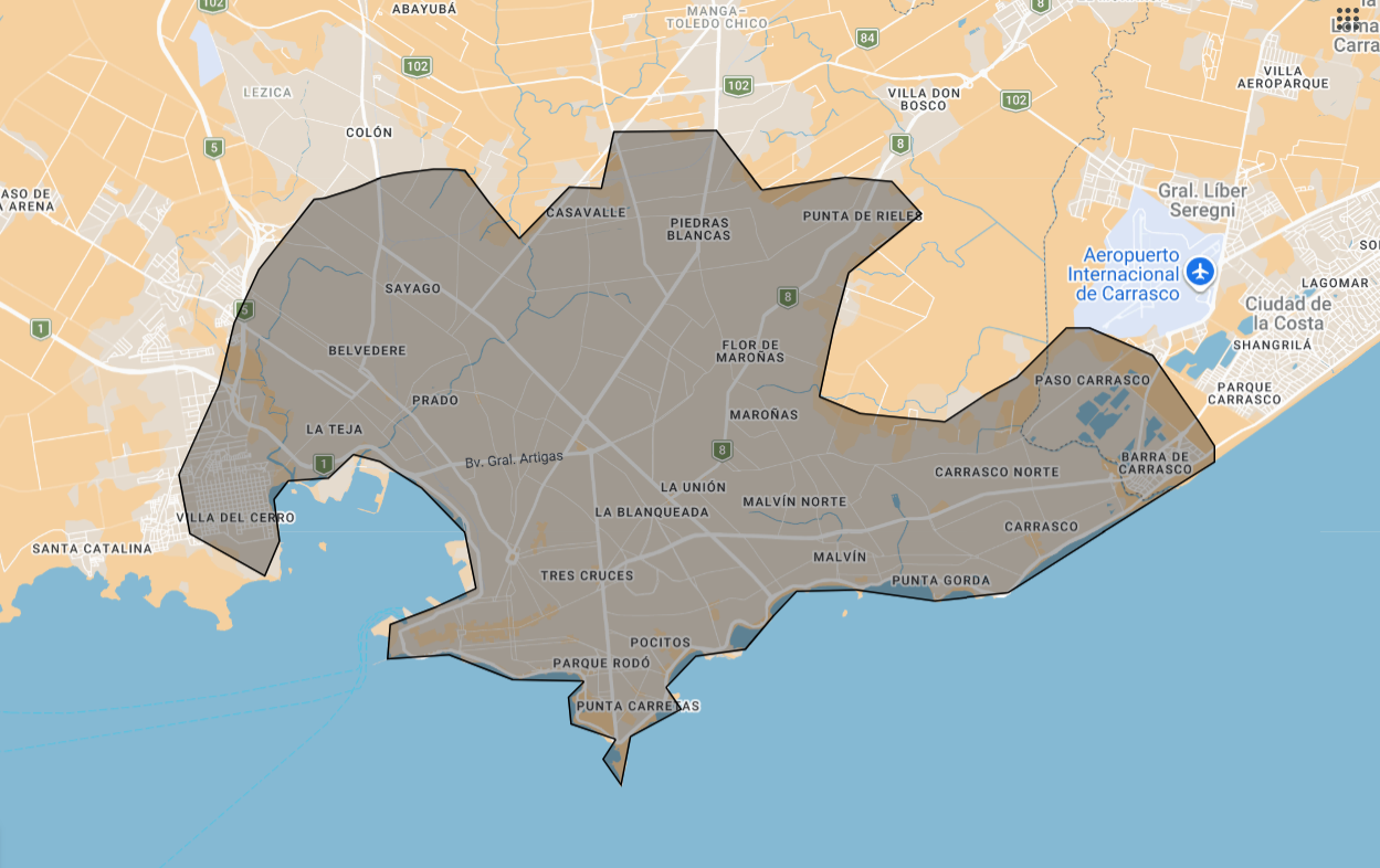 Mapa de zonas de cobertura de Viandísima en Montevideo